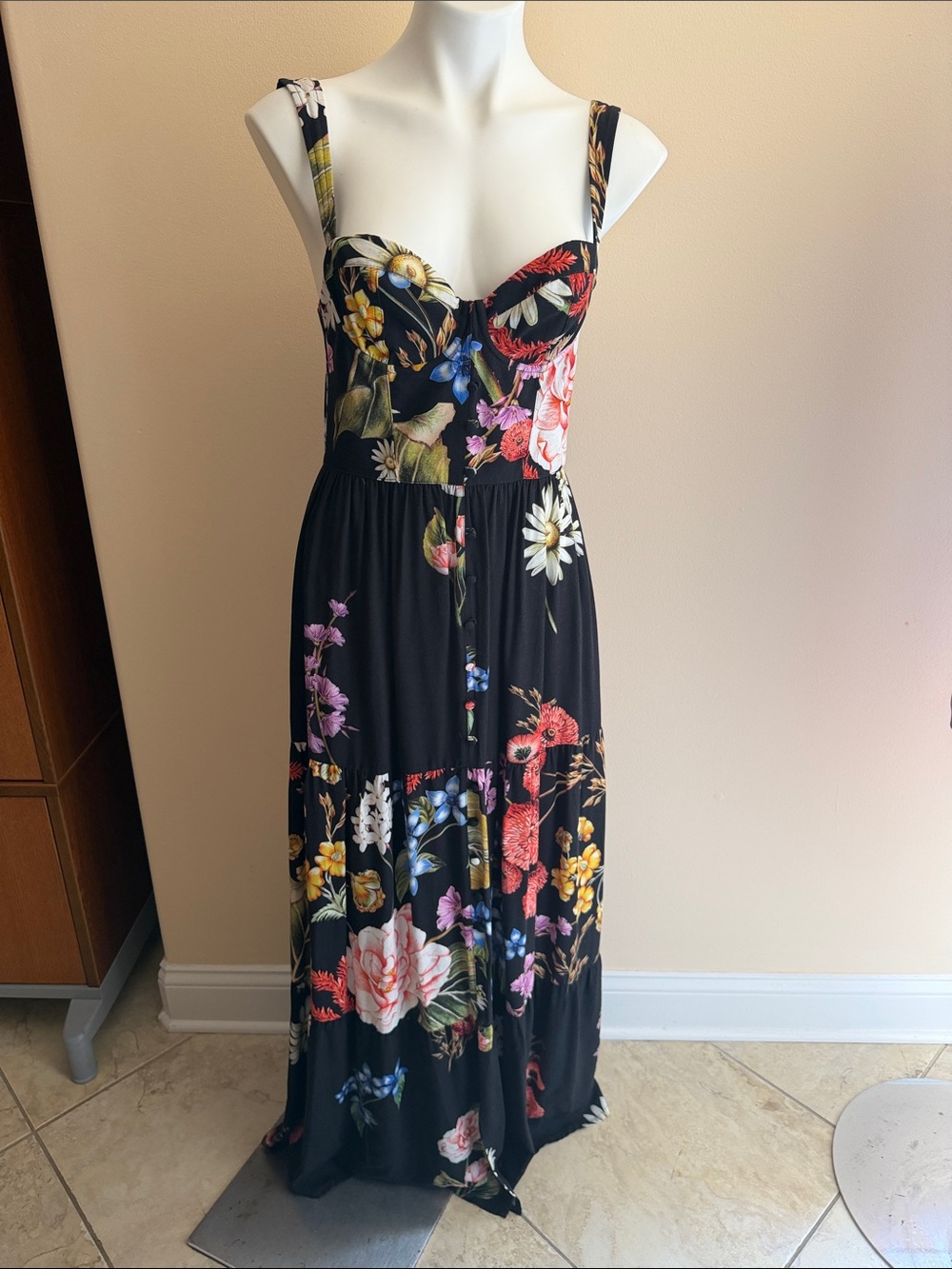 Agua Bendita Black Floral Button-Front Maxi Dress